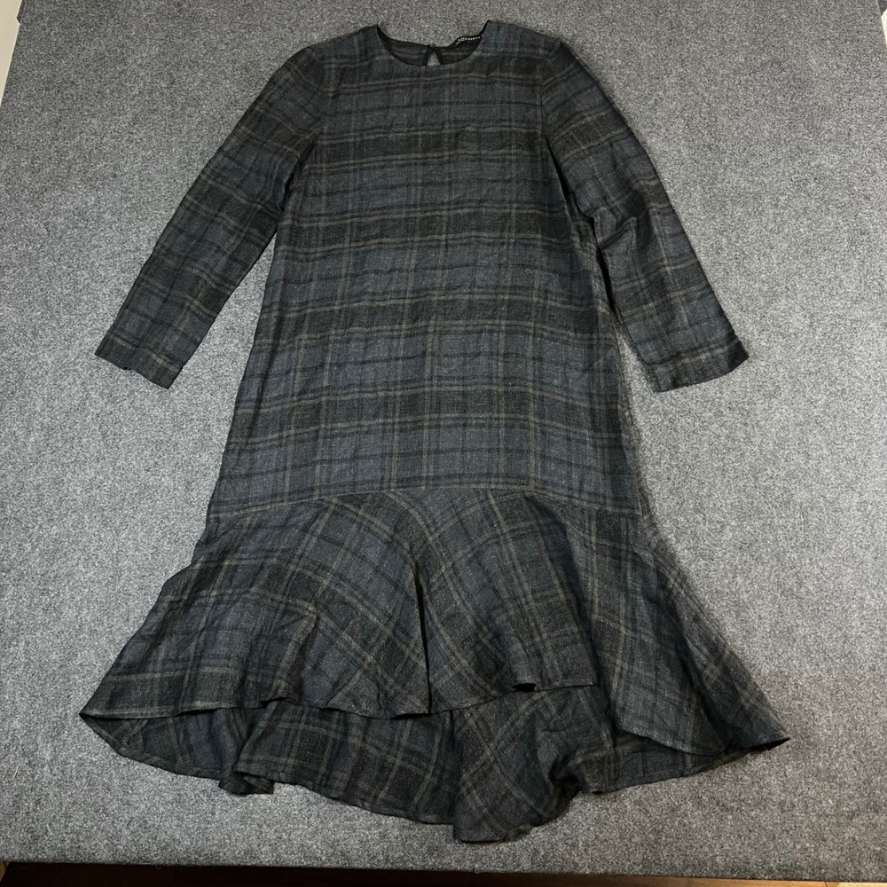 Zara Woman Gray Green Plaid Long Sleeve High Low Ruffle Hem Dress XS Outlander